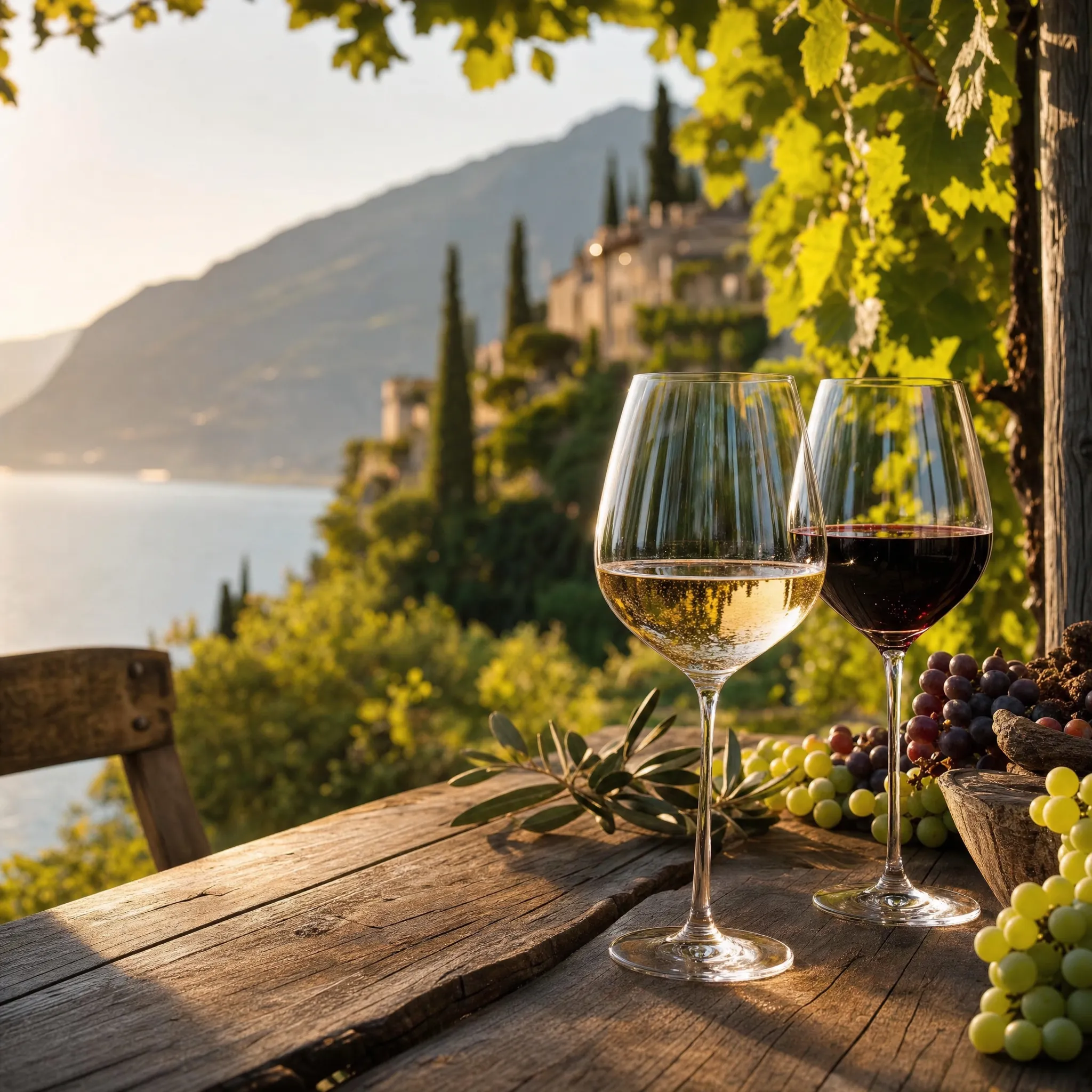 Calici di vino bianco e rosso su un tavolo rustico con vista lago di Garda e vigneto al tramonto
